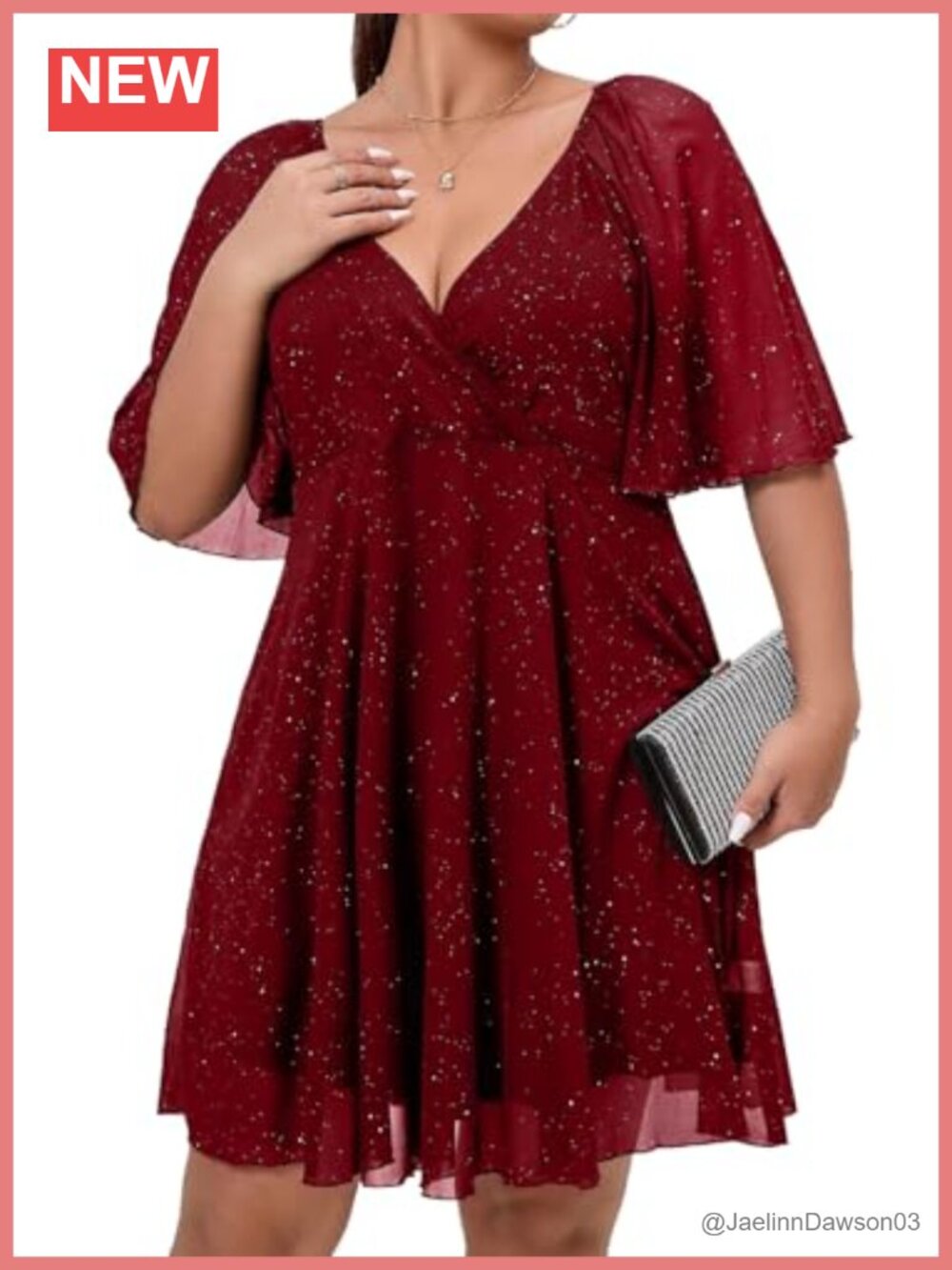 Plus Size Sequin V Neck Flutter Sleeve Skater Cocktail Party Dress